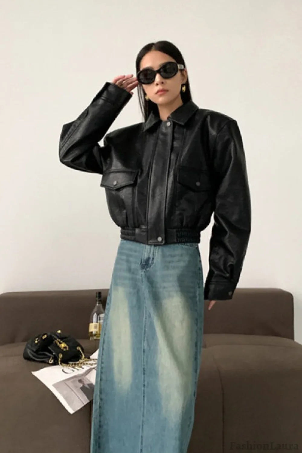 Short PU Leather Notch Lapel Jacket