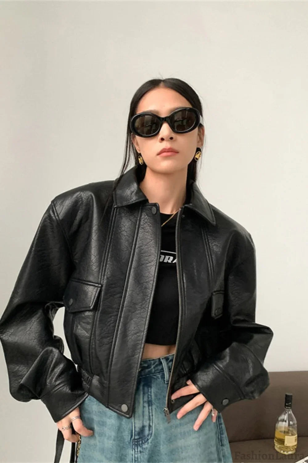 Short PU Leather Notch Lapel Jacket S / Black