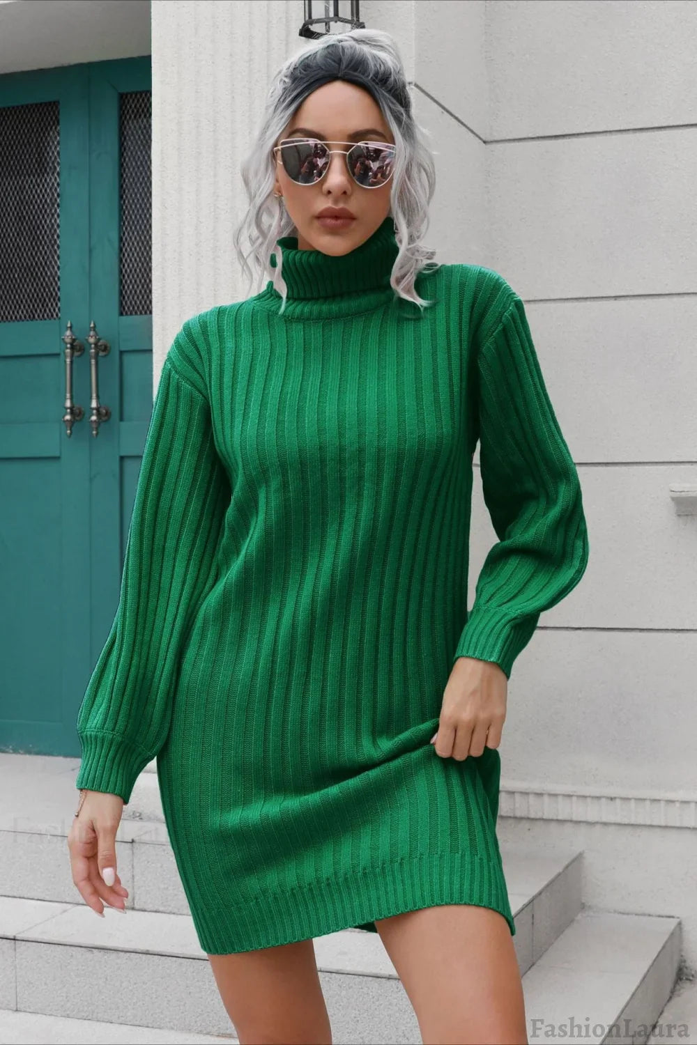 Short Ribbed Turtleneck Sweater Dress