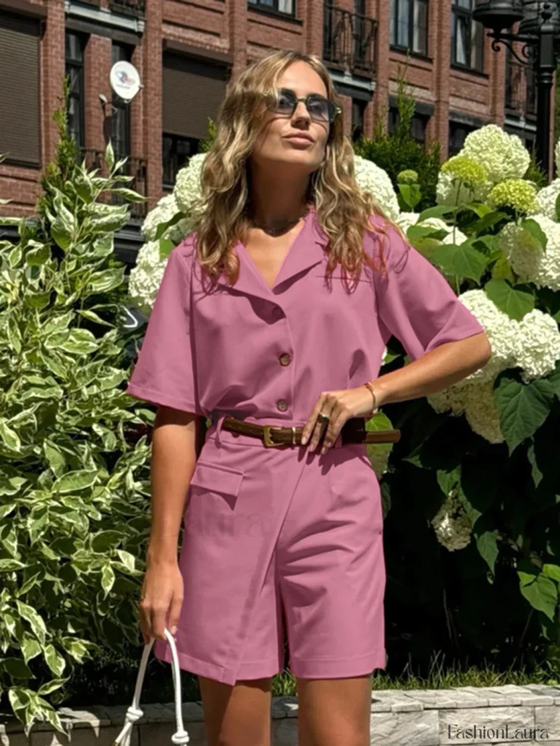 Short Sleeve Collar Pink Pajama Two Piece Set