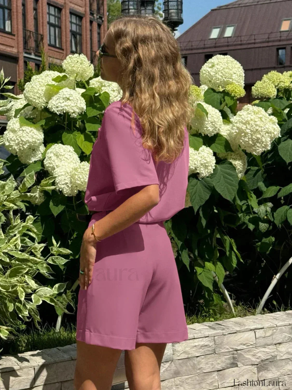 Short Sleeve Collar Pink Pajama Two Piece Set