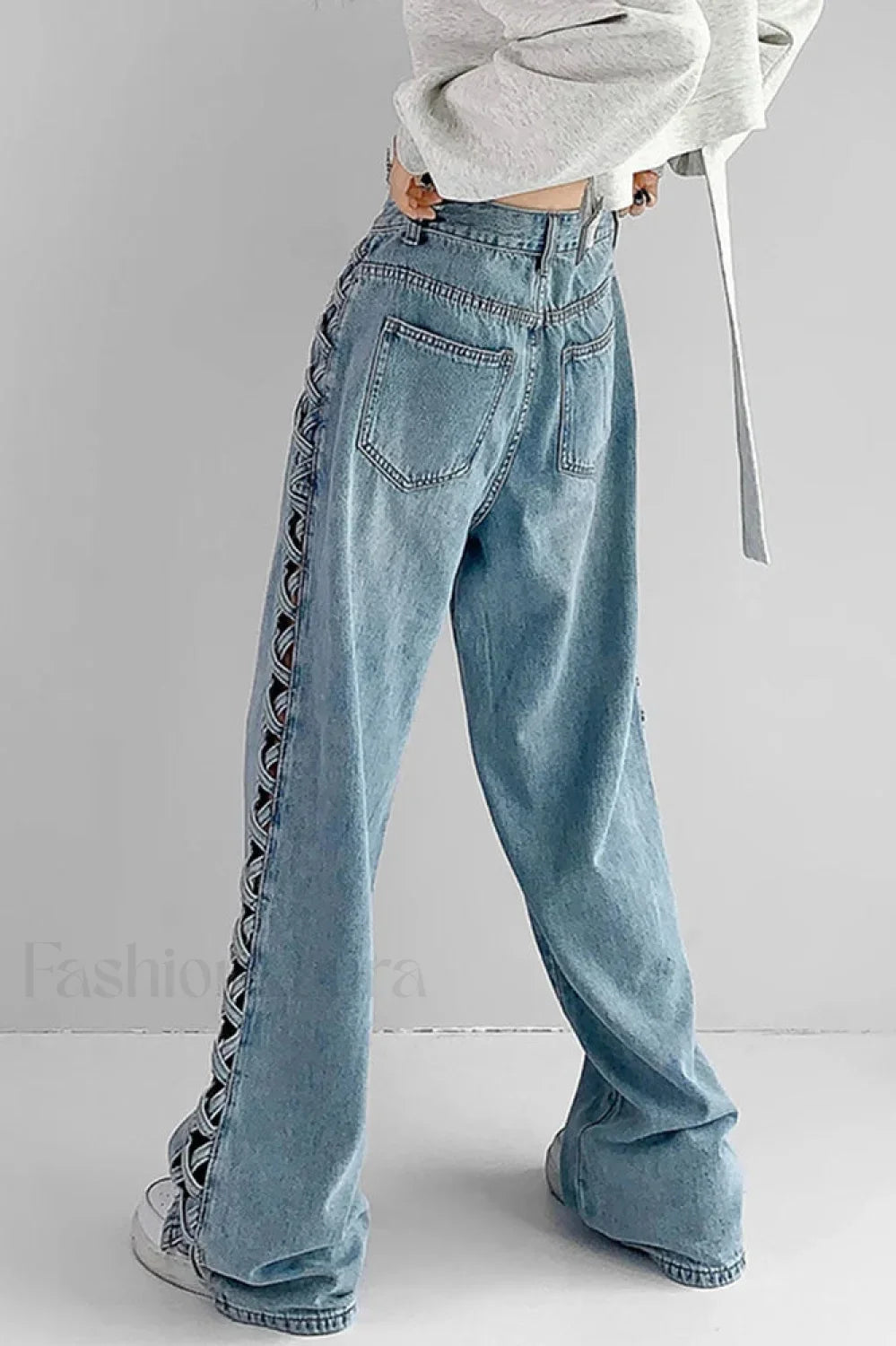 Side Braided Cutout Wide Leg Jeans