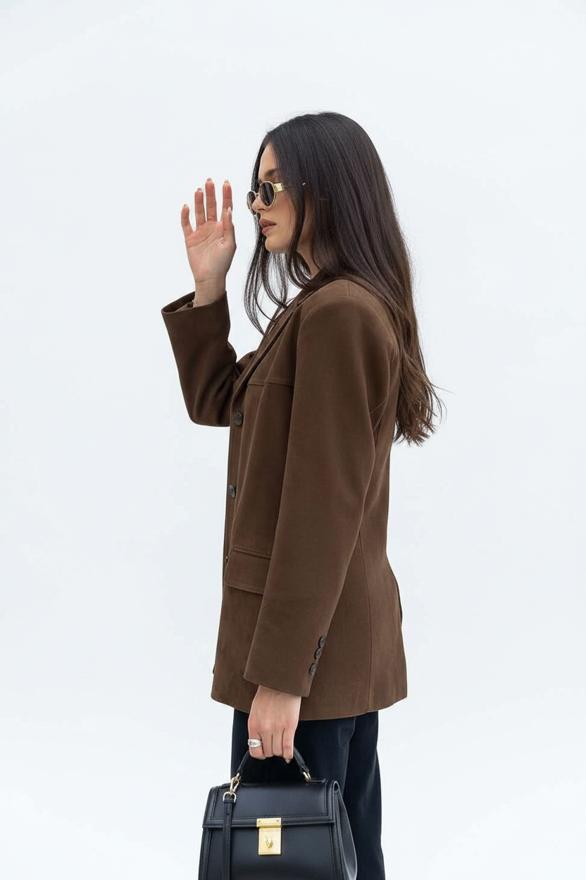 Elegant Brown Tailored Blazer with Padded Shoulders and Slim Fit