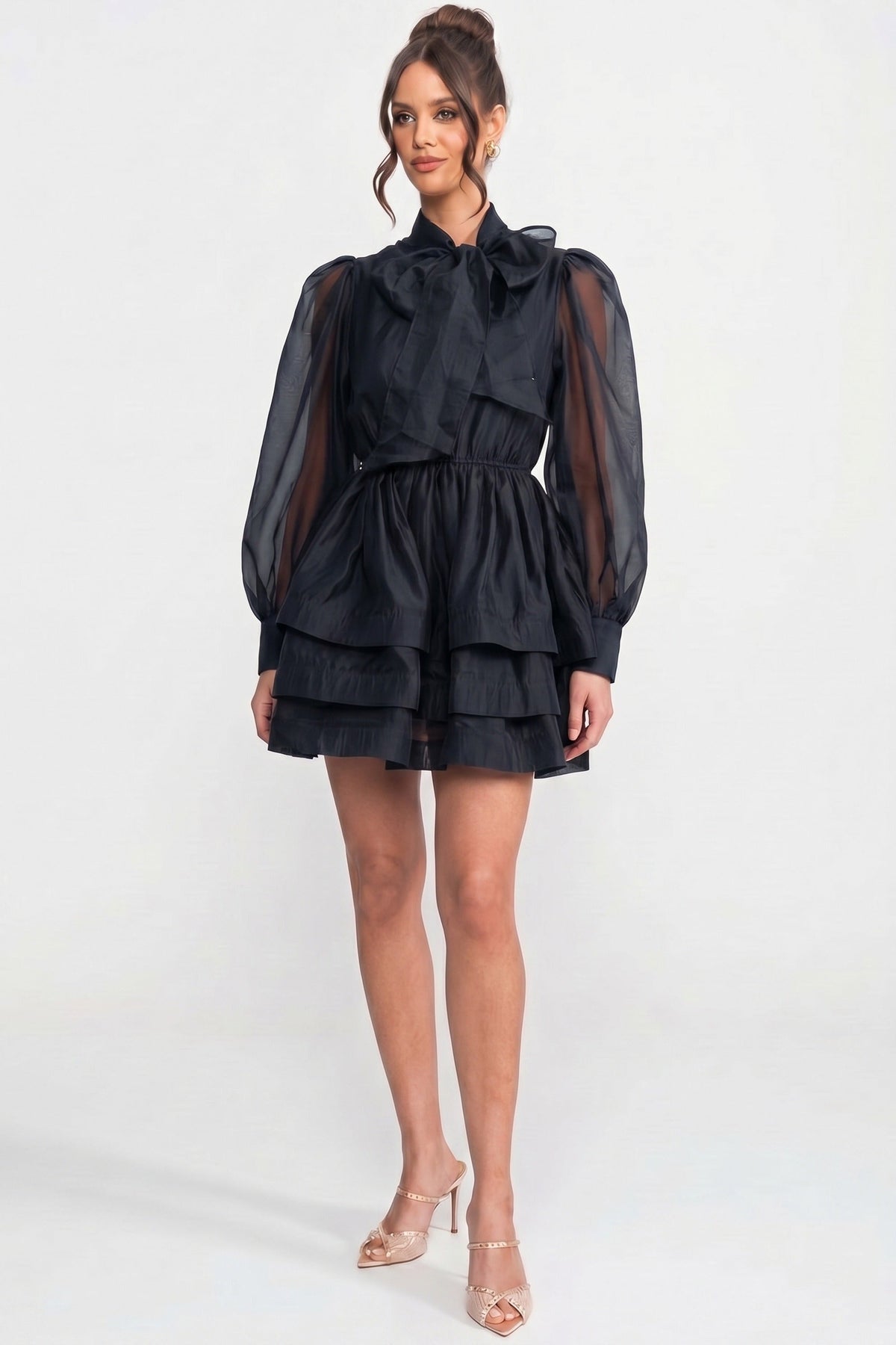 Bow Tie Neck Sheer Puff Sleeve Organza Tiered Ruffle Mini Dress 5