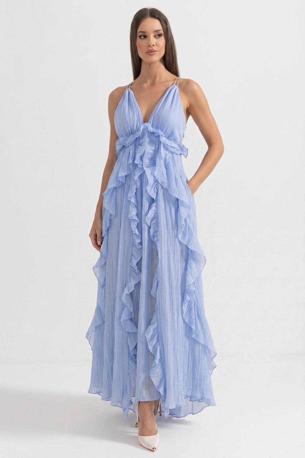 Deep V-Neck Spaghetti Strap Cascading Ruffle Pleated Maxi Dress 6