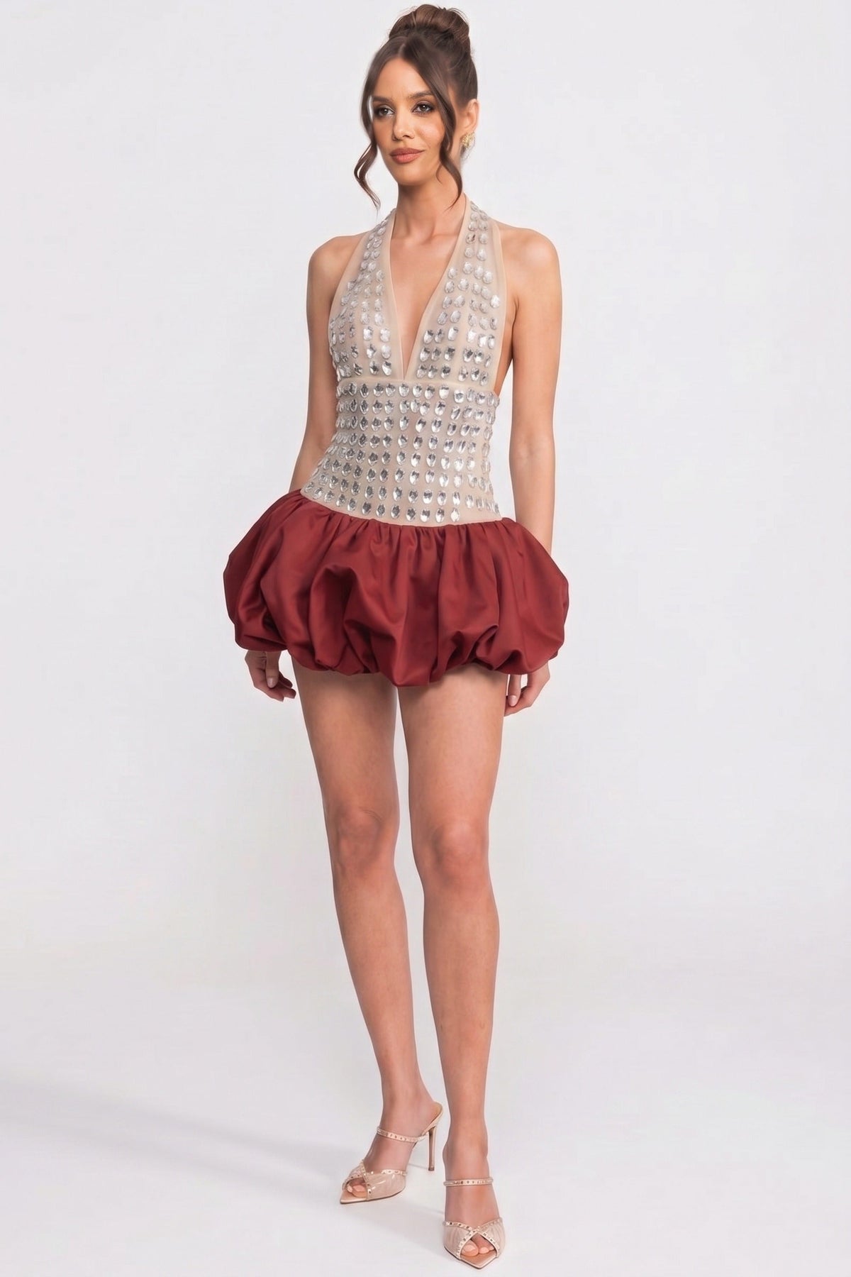 Rhinestone Embellished Mesh Halter Deep V-Neck Bubble Hem Mini Dress 5