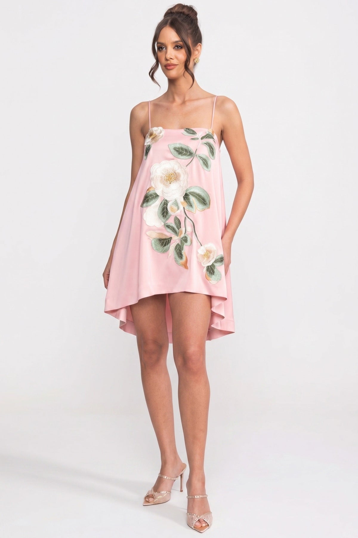 Satin Floral Applique Square Neck Spaghetti Strap Swing Mini Dress 5