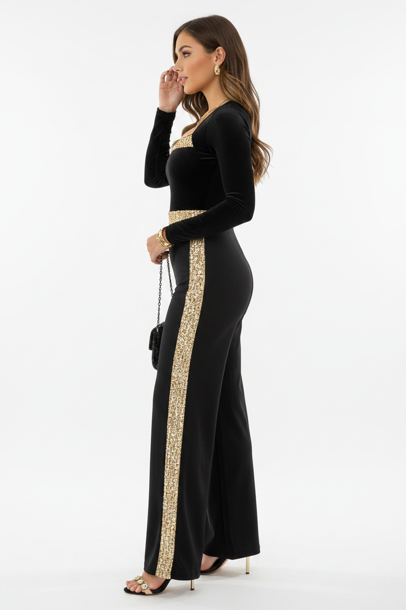 Elegant Gold Sequin Jumpsuit with Flattering Fit and Adjustable Straps