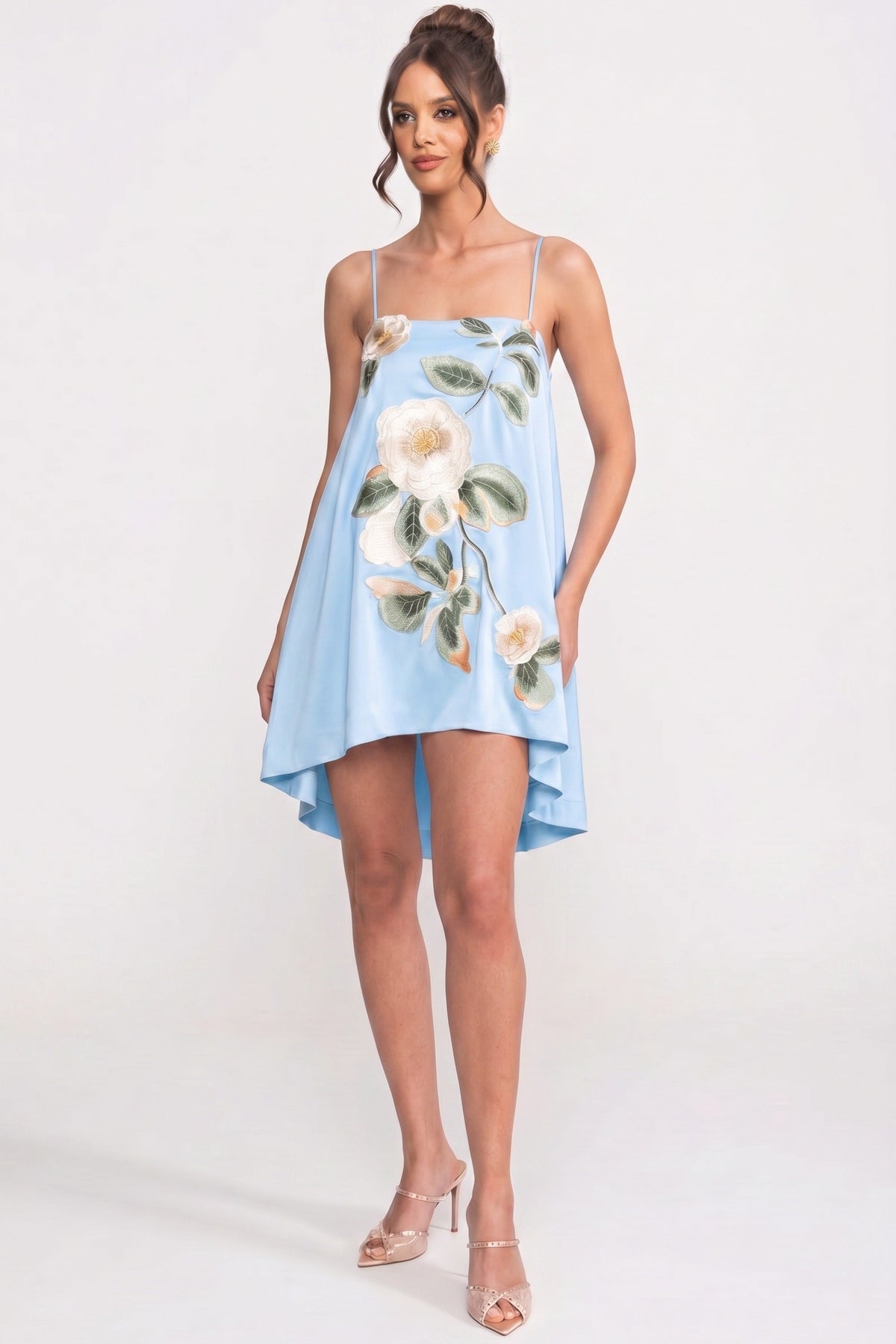 Satin Floral Embroidered Square Neck Spaghetti Strap A-Line Mini Dress 2