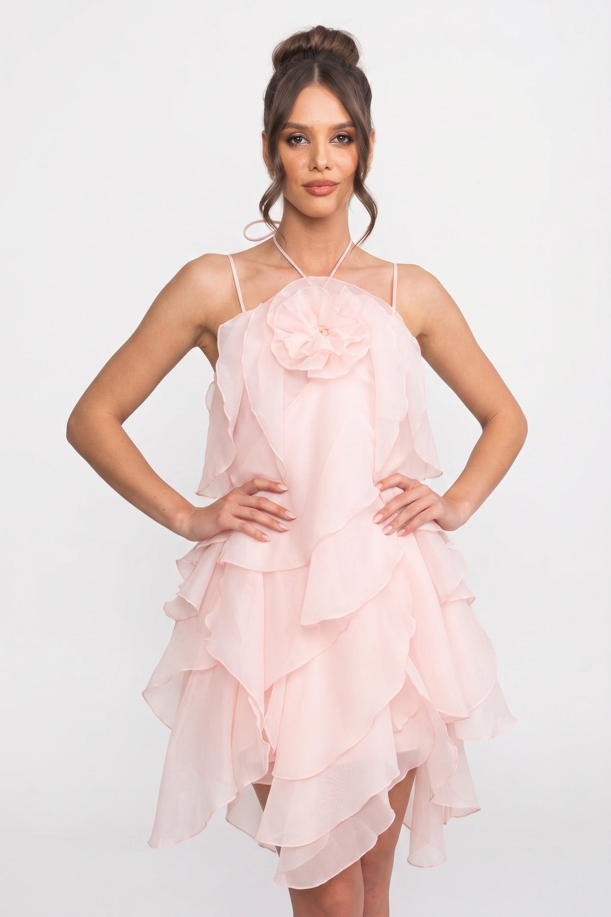 Halter Neck Rosette Tiered Ruffle Organza Mini Dress