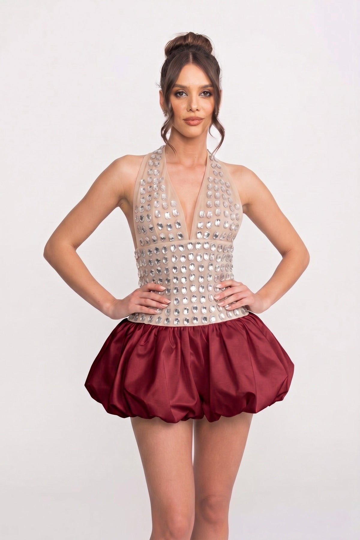 Rhinestone Embellished Mesh Halter Deep V-Neck Bubble Hem Mini Dress 3