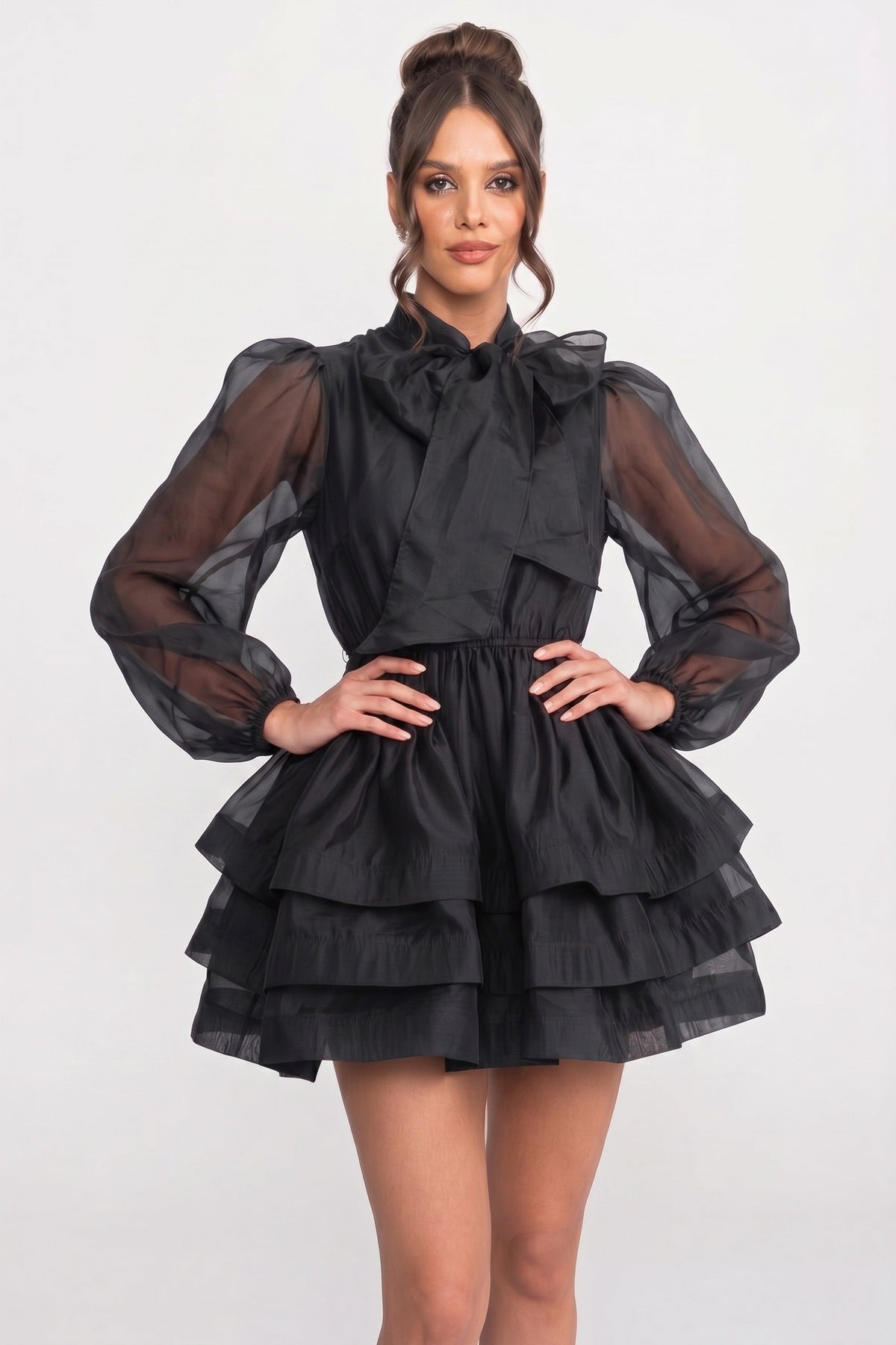 Bow Tie Neck Sheer Puff Sleeve Organza Tiered Ruffle Mini Dress 3