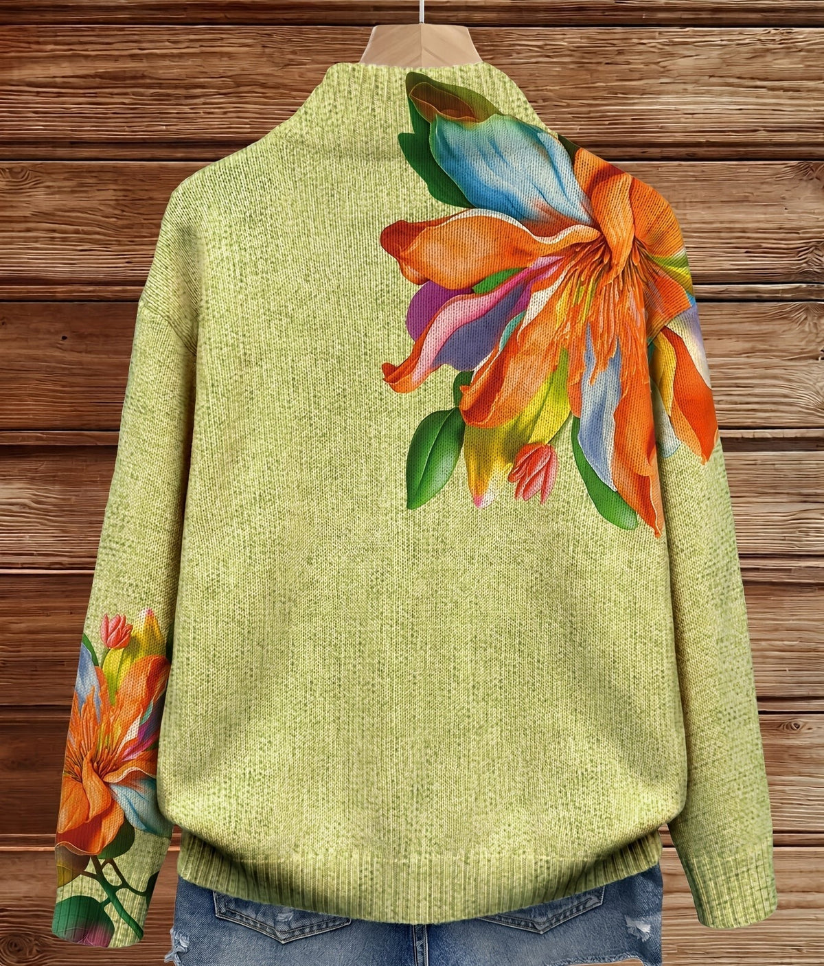 Floral Print Stand Collar Zip Front Knit Cardigan