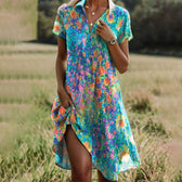 Floral Collared Short Sleeve Button Front Shirt Dress