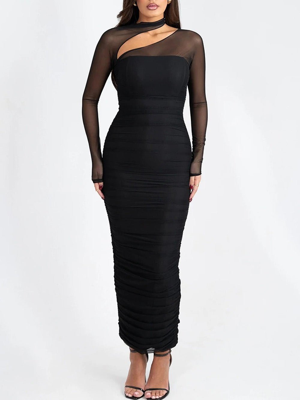Sheer Mesh Long Sleeve Mock Neck Cut Out Ruched Bodycon Maxi Dress
