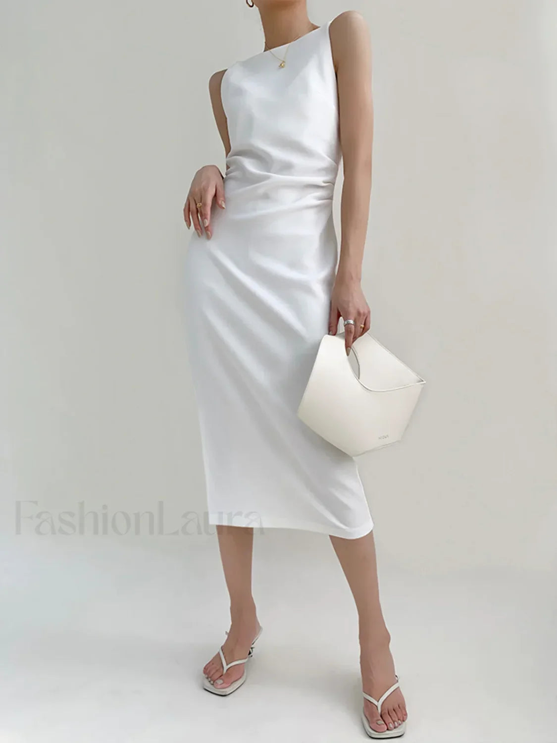 Silent Sea Boat Trendy Neck Midi Dress White / S Dresses