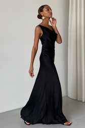 Silky Cowl Neck Sleeveless Satin Fishtail Evening Maxi Dress - Black 2