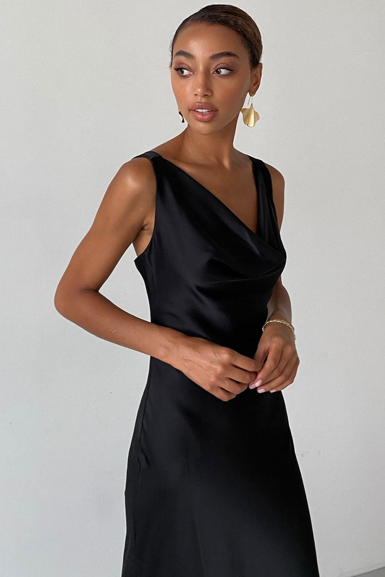 Silky Cowl Neck Sleeveless Satin Fishtail Evening Maxi Dress - Black 3