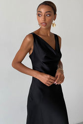 Silky Cowl Neck Sleeveless Satin Fishtail Evening Maxi Dress - Black 3