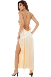 Silky High Slit V Neck Backless Satin Slip Maxi Dress - Beige 2