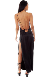 Silky High Slit V Neck Backless Satin Slip Maxi Dress - Black 4