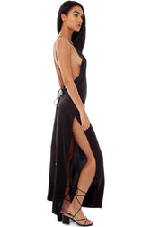 Silky High Slit V Neck Backless Satin Slip Maxi Dress - Black 3