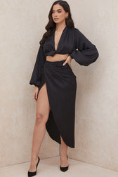 Silky Long Sleeve Crop High Low Slit Draped Satin Two Piece Dress - Black 2