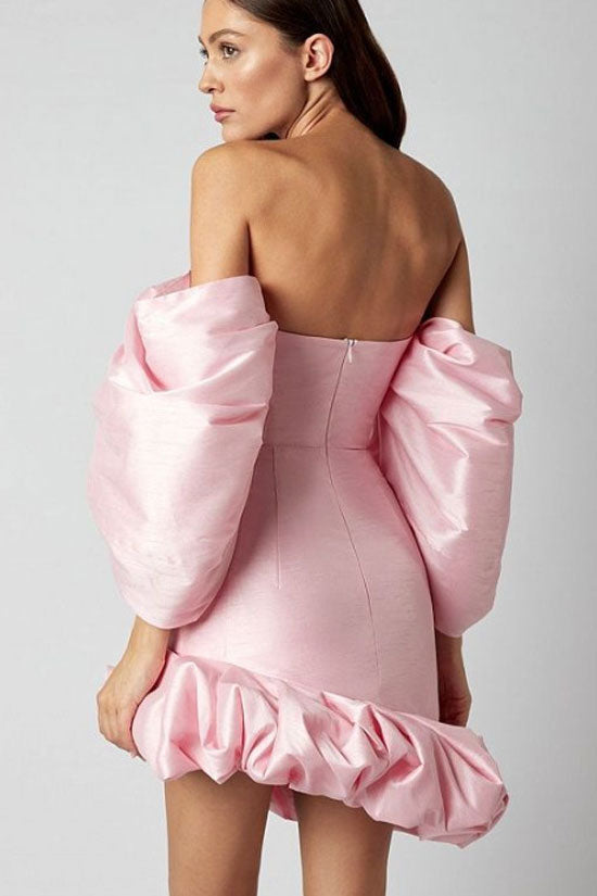 Silky Off The Shoulder Puff Sleeve Oversized Ruffle Satin Party Mini Dress - Pink 2