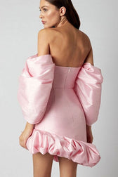Silky Off The Shoulder Puff Sleeve Oversized Ruffle Satin Party Mini Dress - Pink 2