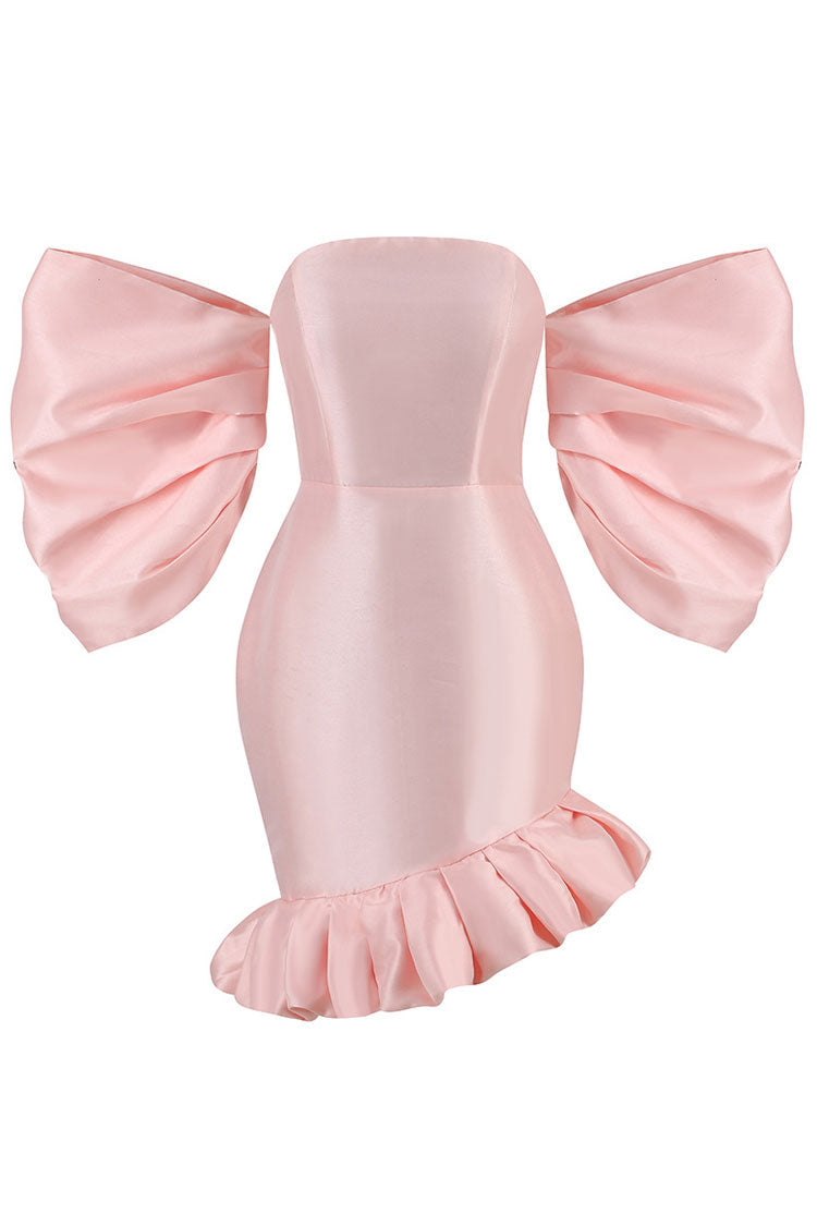 Silky Off The Shoulder Puff Sleeve Oversized Ruffle Satin Party Mini Dress - Pink 3