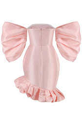 Silky Off The Shoulder Puff Sleeve Oversized Ruffle Satin Party Mini Dress - Pink 4