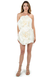 Silky Oversized 3D Rosette Strapless Lace Up Back Satin Party Mini Dress - Beige 6