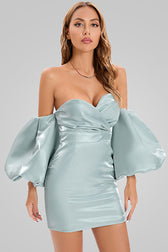 Silky Puff Sleeve Satin Off Shoulder Cocktail Mini Dress - Turquoise 2