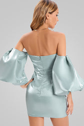 Silky Puff Sleeve Satin Off Shoulder Cocktail Mini Dress - Turquoise 3