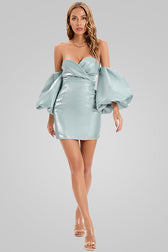 Silky Puff Sleeve Satin Off Shoulder Cocktail Mini Dress - Turquoise 4