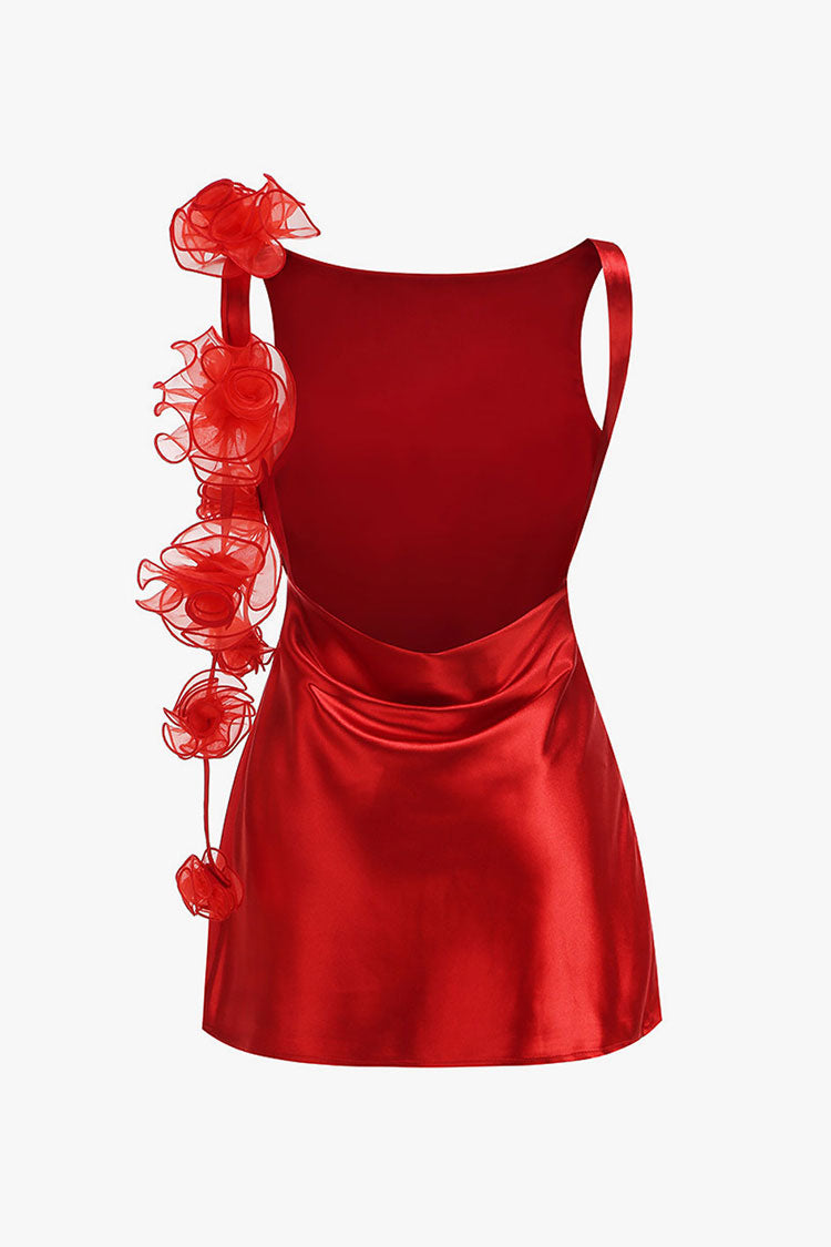 Silky Satin Boat Neck Rosette Draped Backless Tank Party Mini Dress