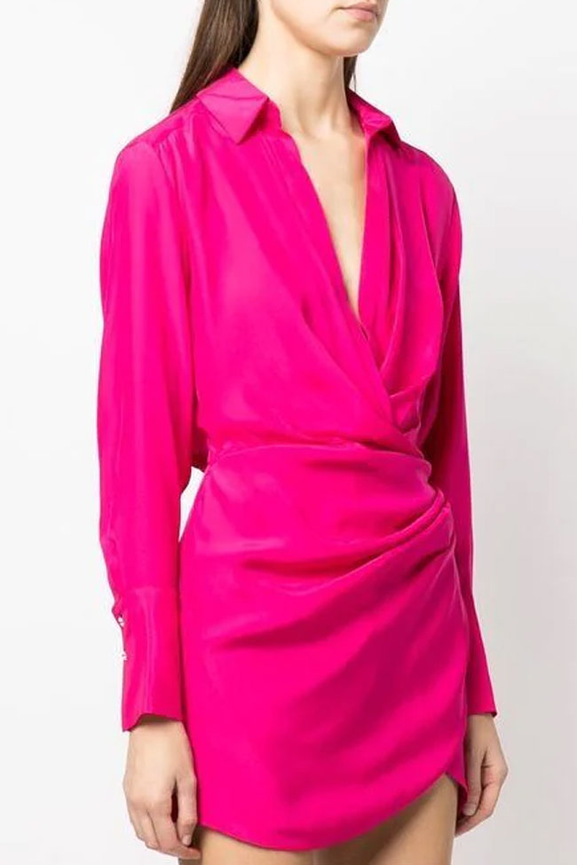 Silky Satin Collared V Neck Long Sleeve Draped Shirt Mini Dress - Hot Pink 2