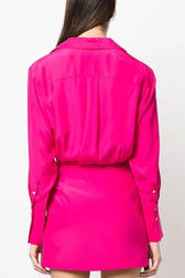 Silky Satin Collared V Neck Long Sleeve Draped Shirt Mini Dress - Hot Pink 3
