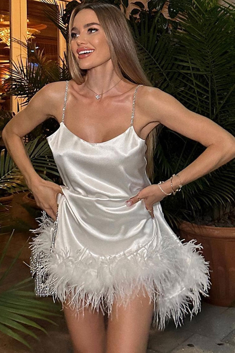 Silky Satin Crystal Spaghetti Strap A Line Faux Feather Trim Party Mini Dress - White 2