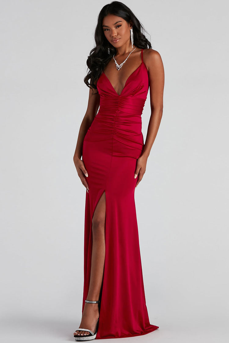 Satin Deep V-Neck Ruched Waist High Split Evening Maxi Dress