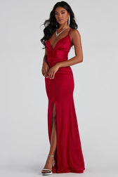 Silky Satin Deep V Ruched Front Slit Evening Maxi Dress - Red 2