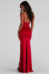 Silky Satin Deep V Ruched Front Slit Evening Maxi Dress - Red 3
