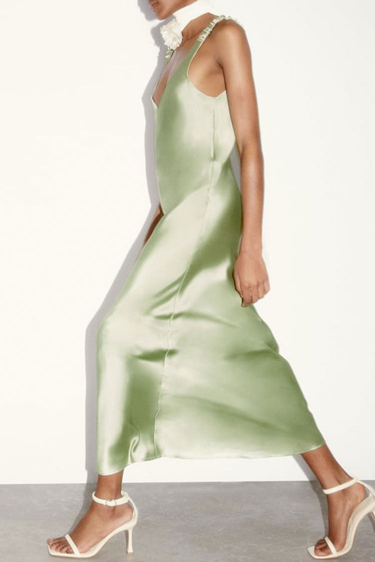 Silky Satin Deep V Ruched Suspender Strap Sleeveless Maxi Dress - Green 2