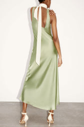 Silky Satin Deep V Ruched Suspender Strap Sleeveless Maxi Dress - Green 3