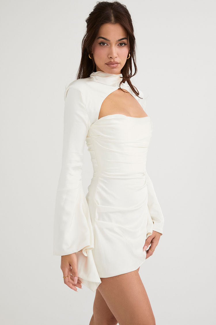 Silky Gathered High Neck Long Sleeve Cutout Party Mini Dress - White