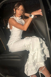 Silky Satin Layered Ruffle High Neck Sleeveless Mermaid Evening Maxi Dress - White 5