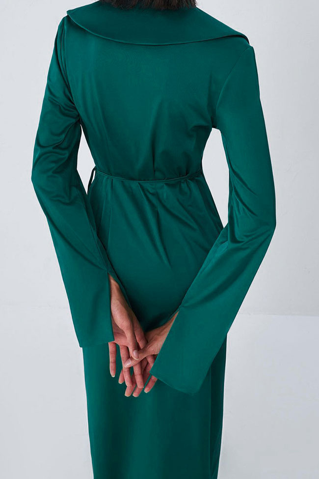 Silky Satin Long Sleeve Cocktail Party Wrap Maxi Dress - Emerald Green 2