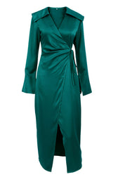Silky Satin Long Sleeve Cocktail Party Wrap Maxi Dress - Emerald Green 3