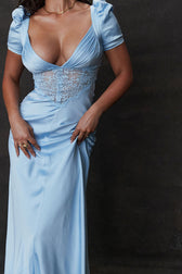 Silky Satin Pleated Deep V Puff Sleeve Lace Panel Fishtail Evening Maxi Dress - Blue 5