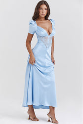 Silky Satin Pleated Deep V Puff Sleeve Lace Panel Fishtail Evening Maxi Dress - Blue 2